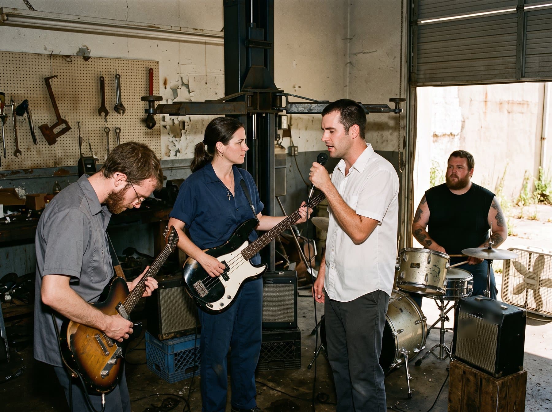 The back room of an abandoned auto repair shop with a small amp, a drum kit and four musicians, one of them a woman on bass