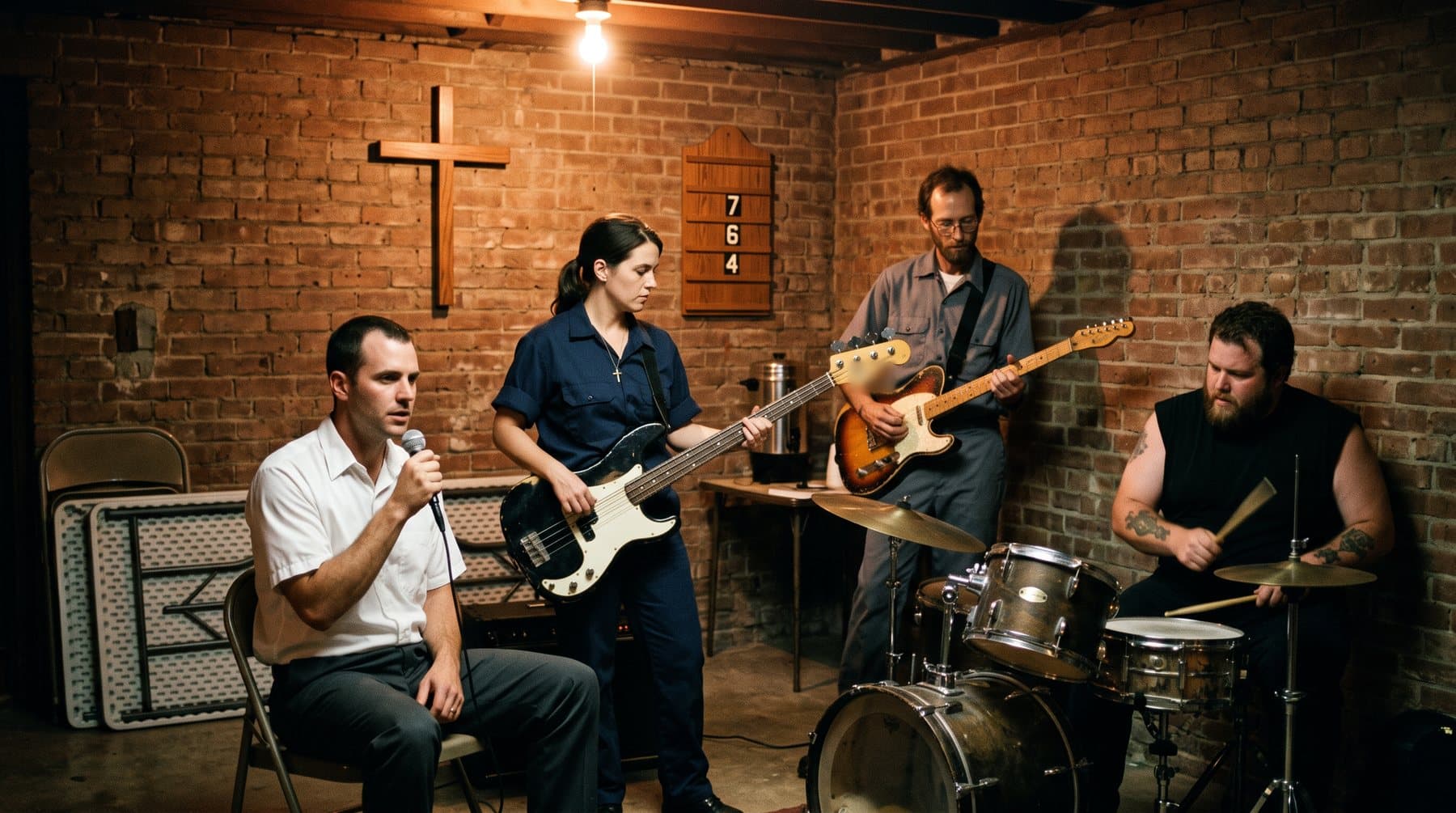 The band rehearsing in a brick church basement under a bare bulb, a wooden cross and a hymn board reading 7, 6, 4 on the wall