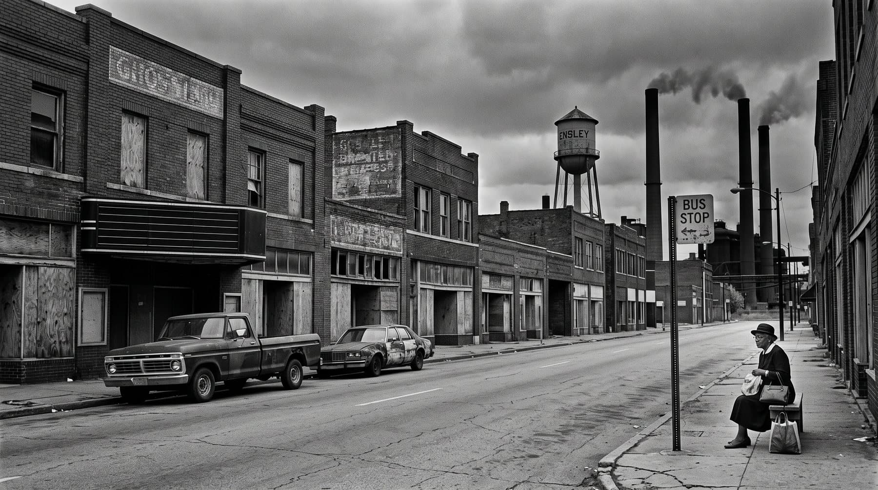 A row of emptied brick storefronts in a Birmingham steel neighborhood, mill stacks in the distance