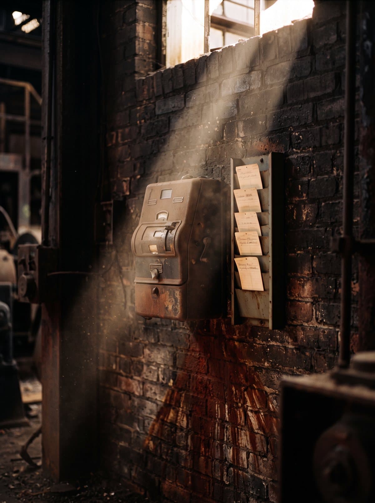 An old punch time clock on a soot-stained brick wall inside a closed steel mill, a rack of faded time cards beside it